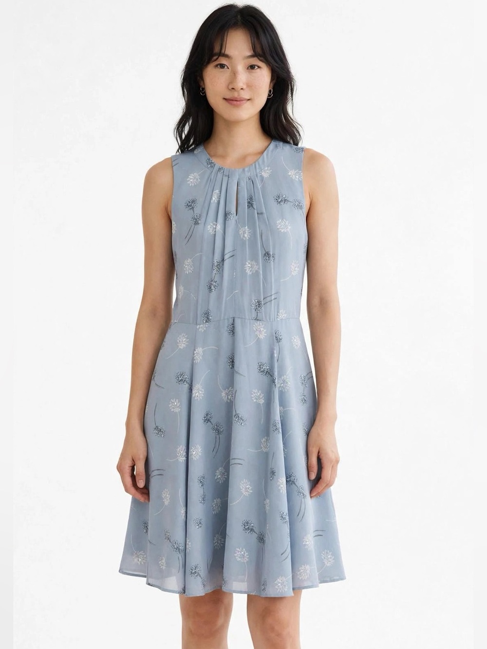 Banana Republic Light Blue Floral Sleeveless Fit-and-Flare Knee Length Dress